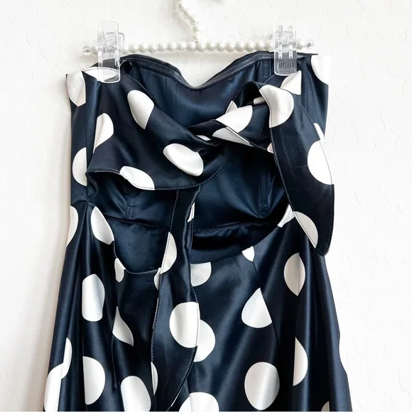 Bardot Women's Satin Polka Dot Strapless Dress Sweetheart Navy Tie Back 4/XS - Picture 5 of 6